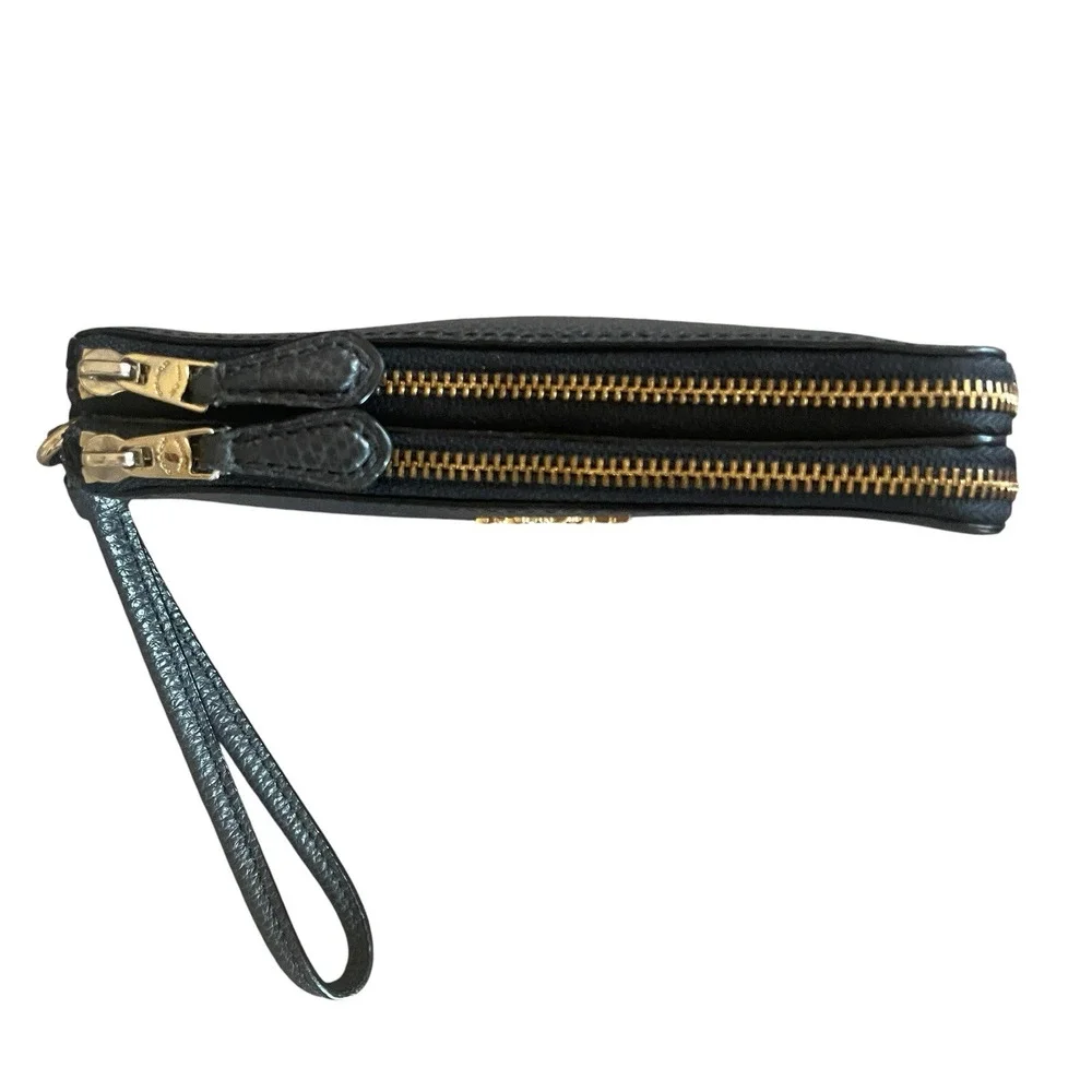 COACH 87590 Double Corner Zip Wristlet Wallet Gray Pebbled Leather Gold Tone